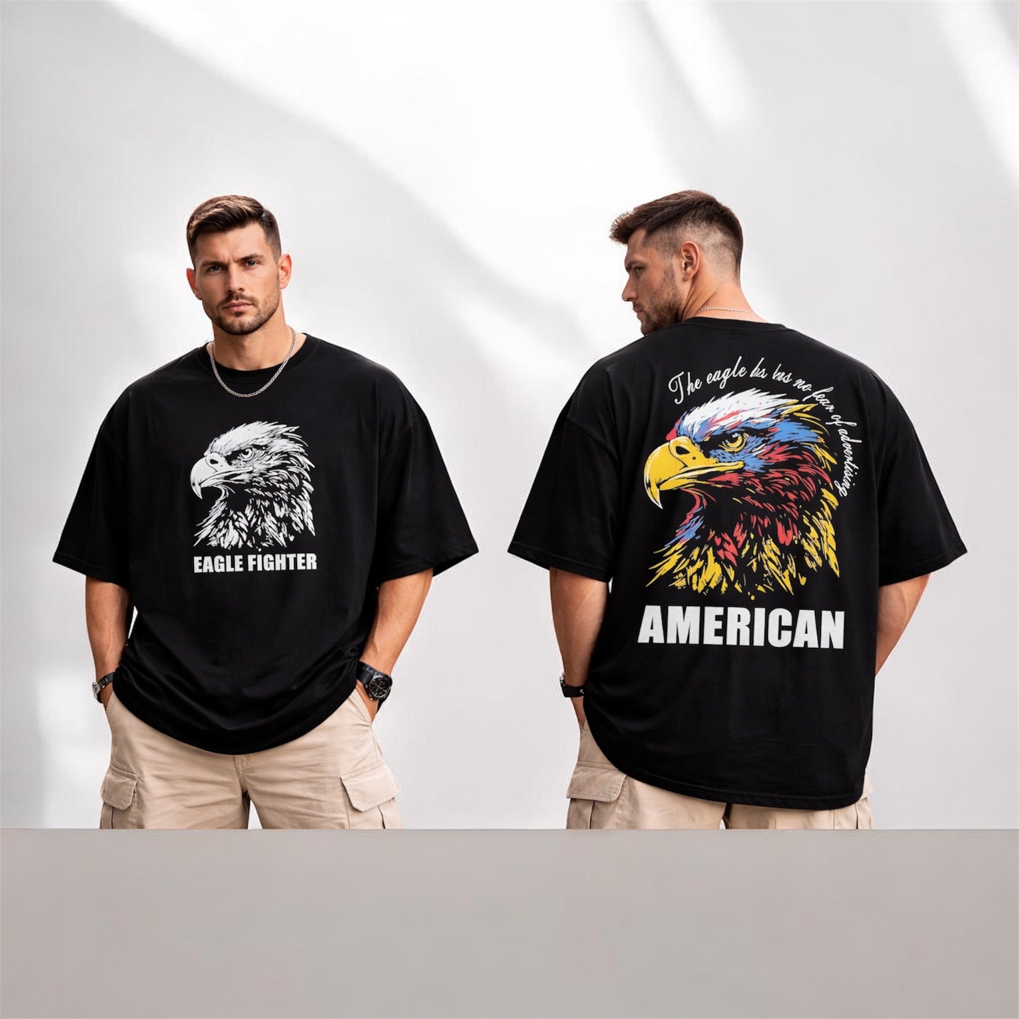 JOG - Men's French Terry Cotton Oversized T-shirt Round Neck Half Sleeve (Eagle Fighter)